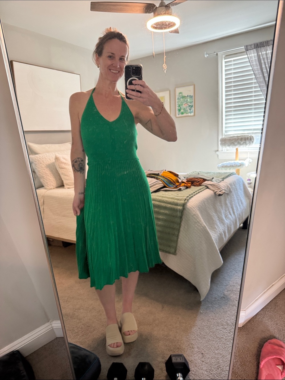 Green Ribbed Halter Midi Dress